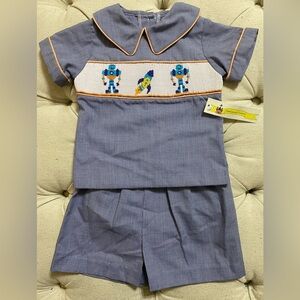 Kids Robot Embroidered Set in Blue by Smocked Auctions